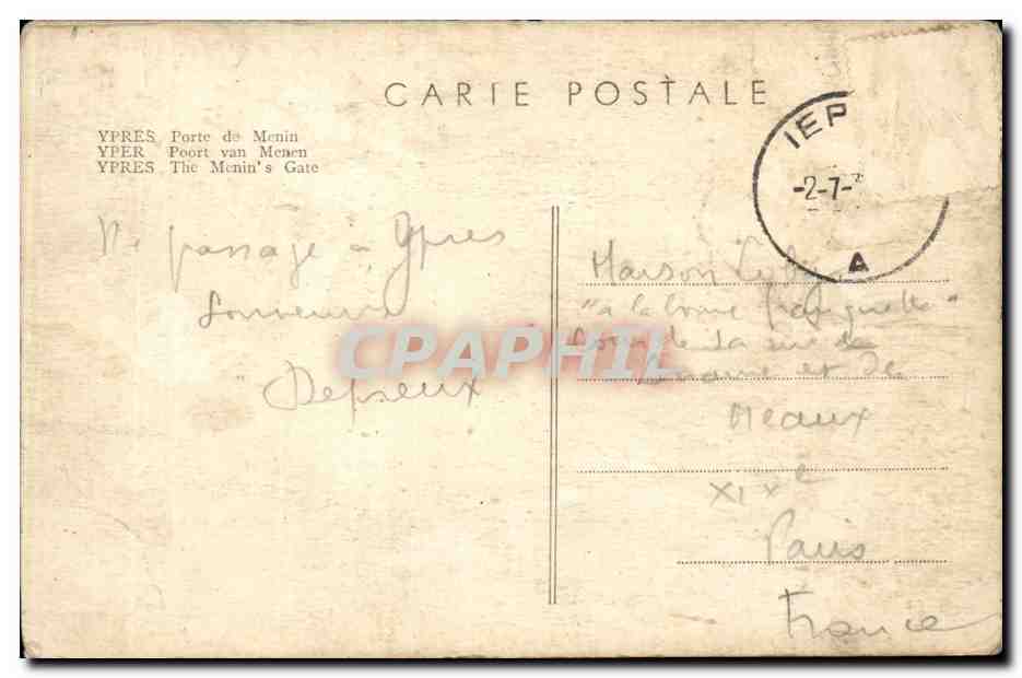 CPA Belgique Ypres porte de Menin — Rückseite