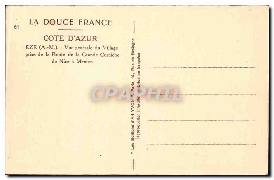 Eze (A.M.) — Vue générale du village — Les Éditions d'Art YVON, Paris — Verso