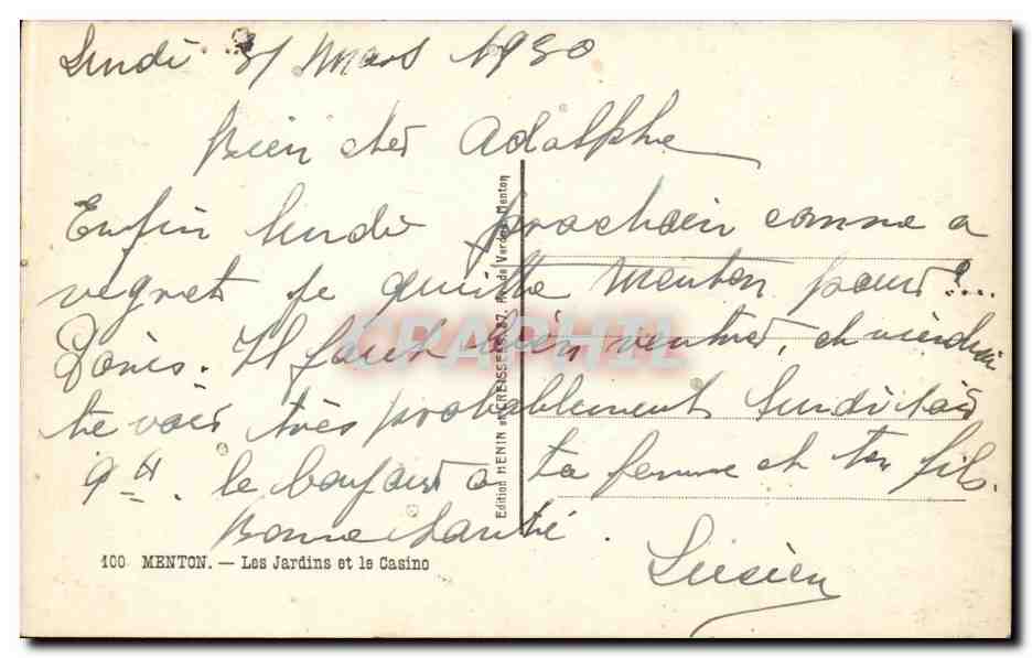 CPA Menton Les jardins et le casino — Rückseite
