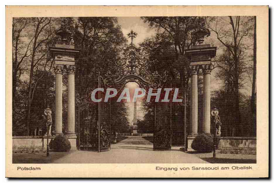 CPA Postdam Eingang von Sanssouci am obelisk