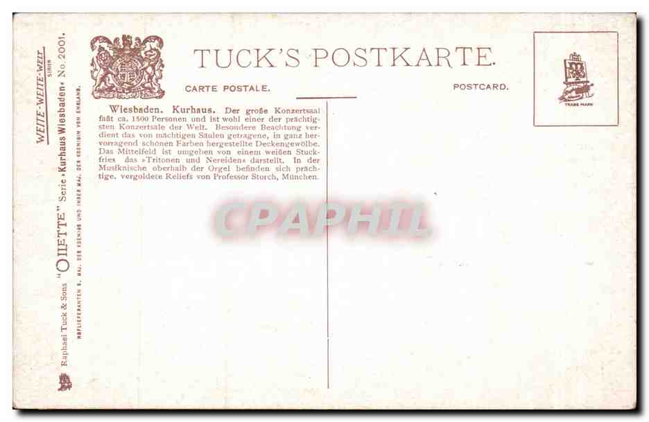 Wiesbaden. Kurhaus. Grosser Concertsaal — Tuck's Postkarte, série 'Oiette', n° 2001 — Rückseite