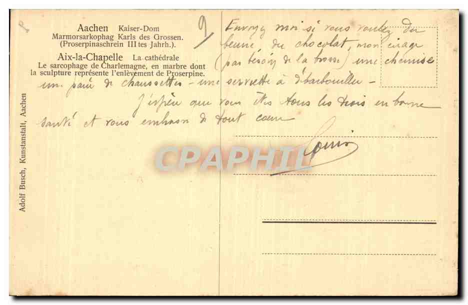 CPA Aachen Kaiser Dom Aix la chapelle — Rückseite
