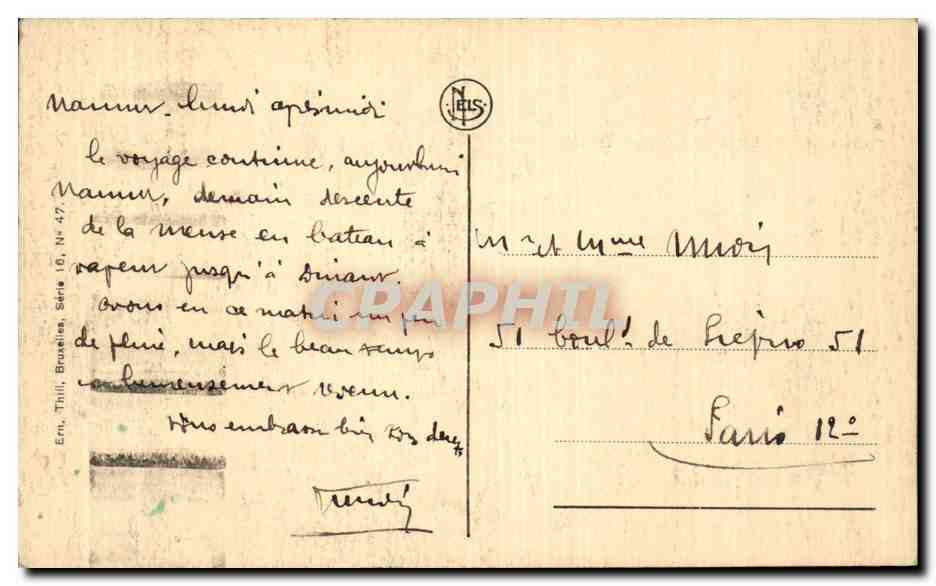 Namur-Citadelle — Tour Joyeuse et vue sur la Meuse — Éditeur Erni, Thilli, Bruxelles, Série 16, N° 47 — Verso