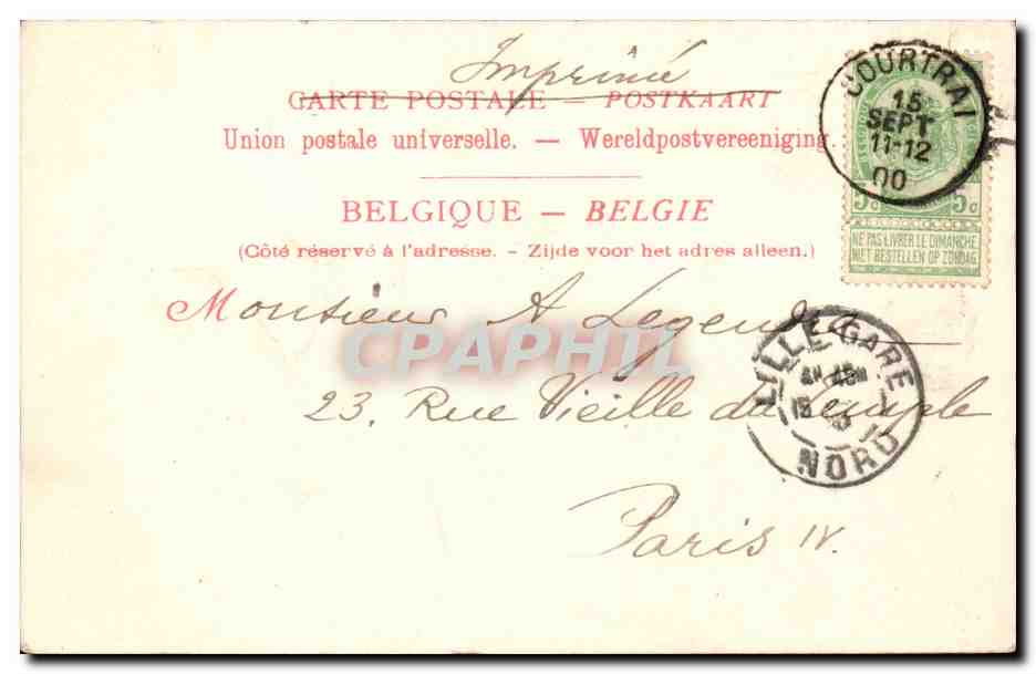 CPA Belgique Courtrai Hotel de ville — Rückseite