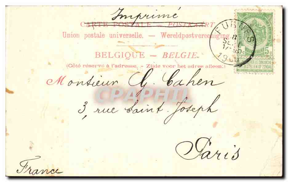 CPA Belgique Furnes Hotel de ville et le tribunal — Rückseite