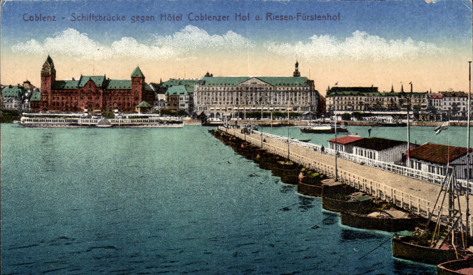Coblence - Schiffsbrücke gegen Hôtel Coblenzer Hof u. Riesen-Fürstenhof