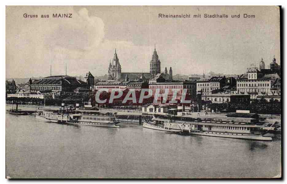 CPA Gruss aus Mainz Rheinansicht mit Stadthalle und Dom