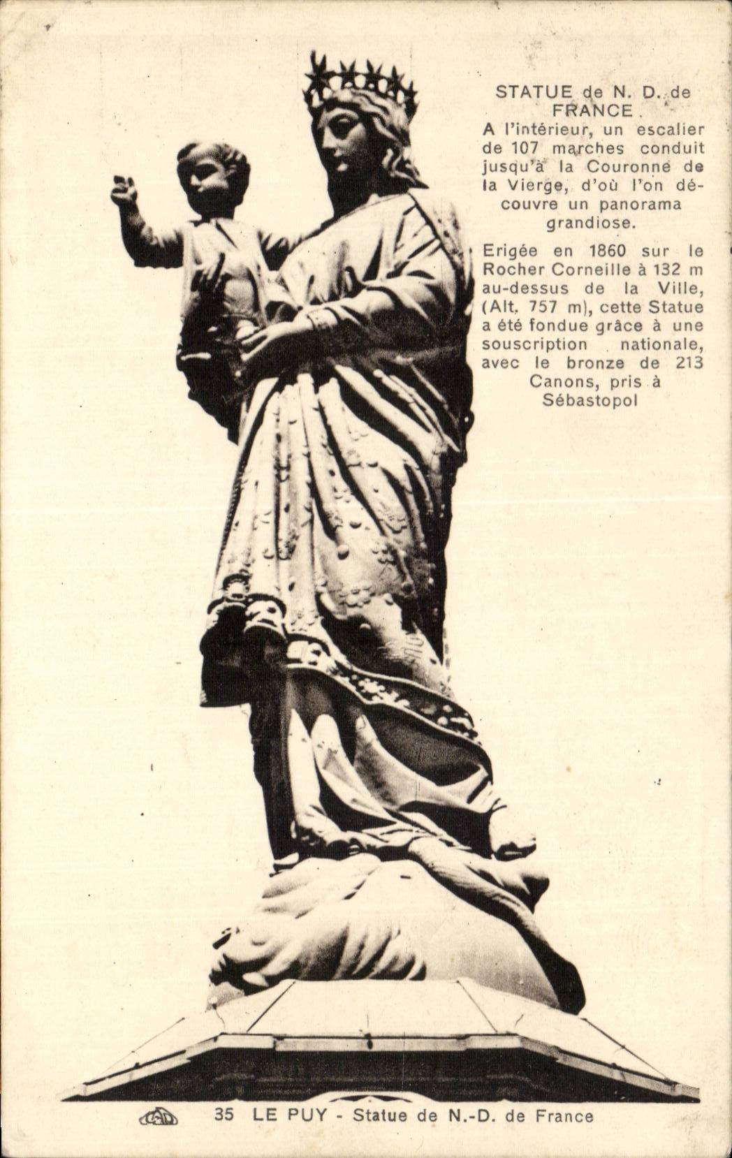 Le Puy - Statue de N.-D. de France — érigée en 1860 sur le Rocher Corneille, 132 m d'altitude