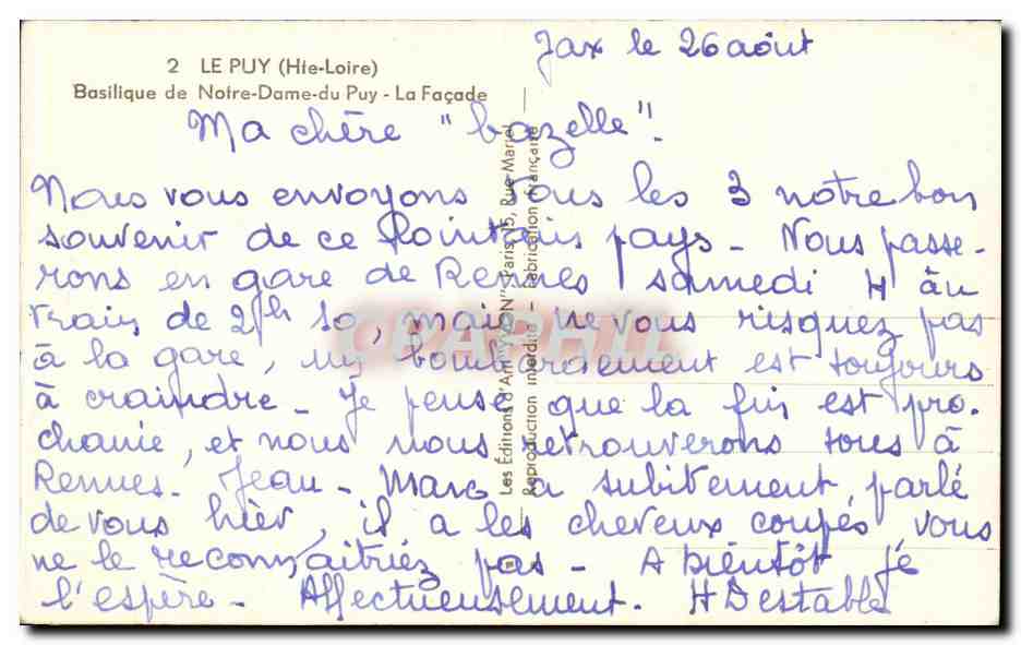 Le Puy (Haute-Loire) — Basilique Notre-Dame du Puy — Façade — éditeur Fray, n°2 — Verso