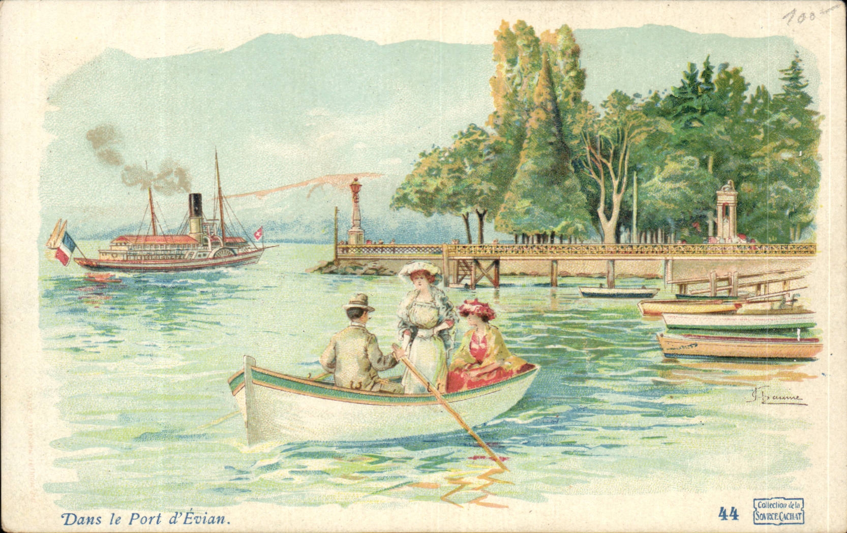Port d'Évian — vue du lac avec bateau à vapeur et promenade en barque — F. Racaine, n°44