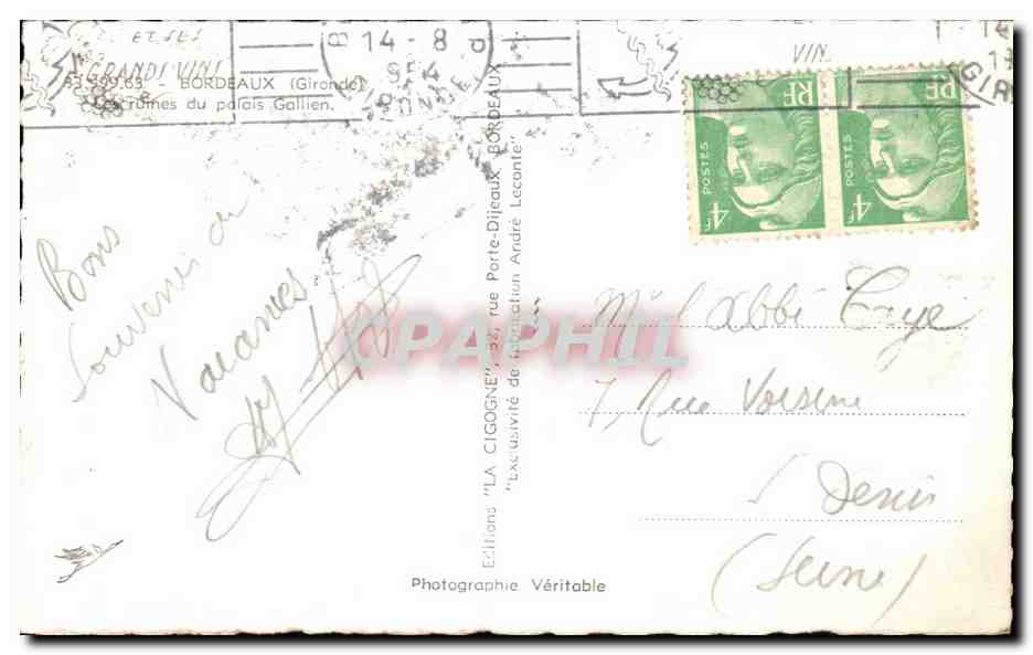 Ruines du Palais Gallien à Bordeaux — Éditions 'LA CIGOGNE' n° 53 999 63 — Verso