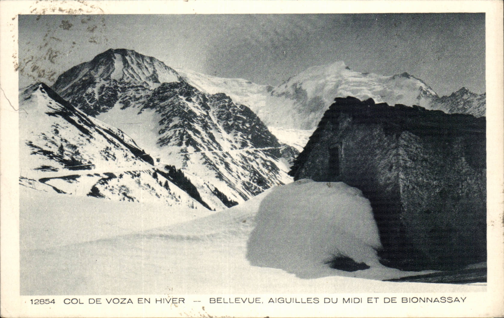 Col de Voza en hiver — Bellevue, Aiguilles du Midi et de Bionnassay — La Favore, Imp. & Cie, n°12854