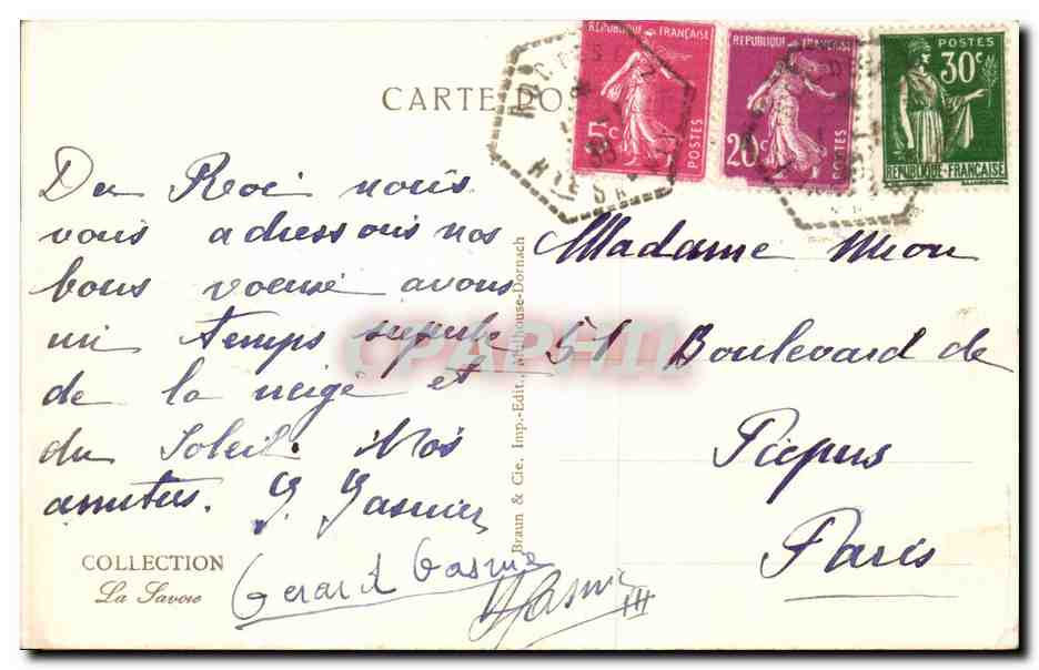 Col de Voza en hiver — Bellevue, Aiguilles du Midi et de Bionnassay — La Favore, Imp. & Cie, n°12854 — Reverso