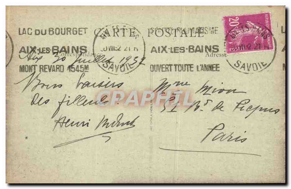 Aix-les-Bains — Vue Générale et Lac du Bourget — Éditeur B. F. Lue, n°32 — Verso