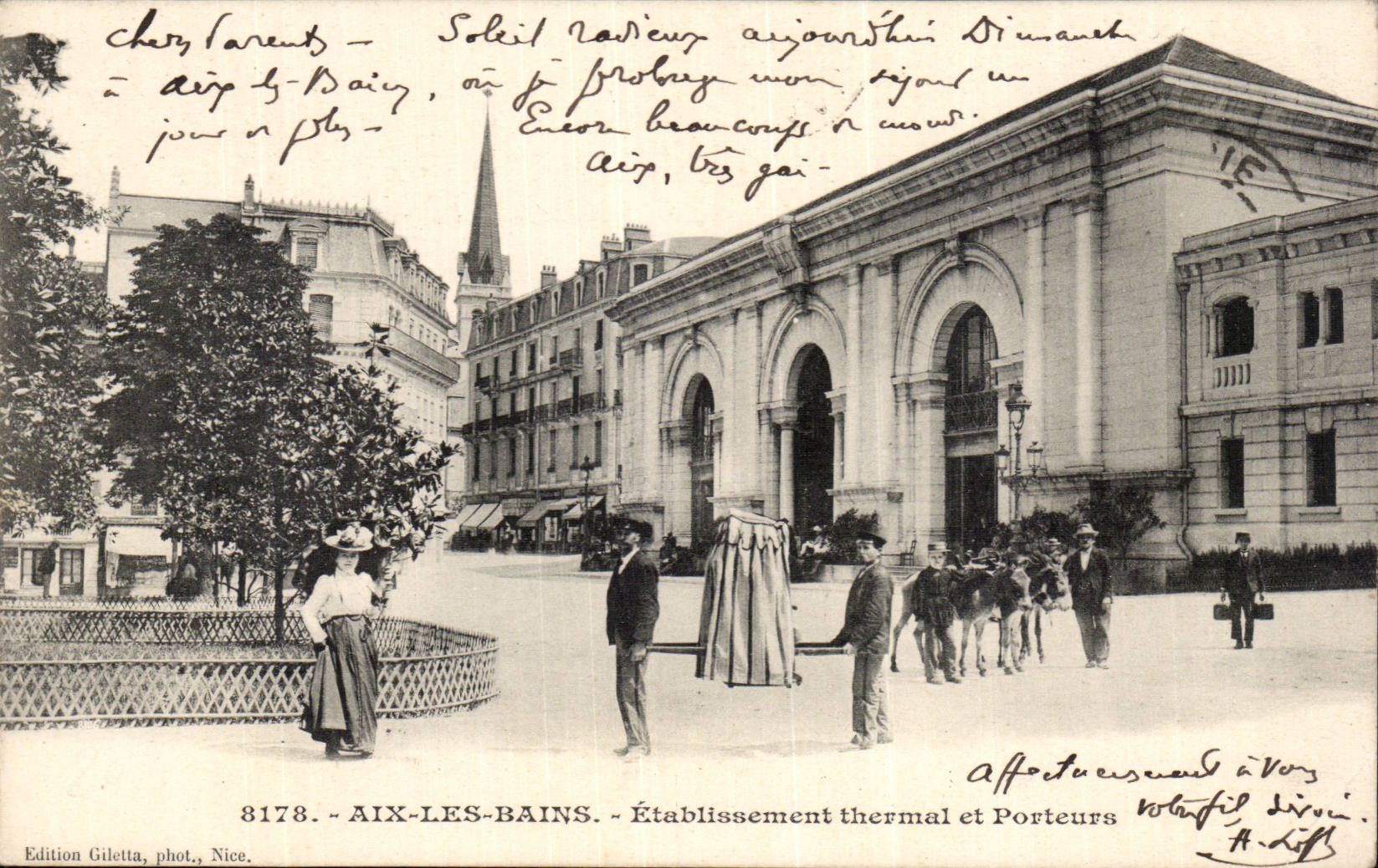 CPA Aix les Bains Etablissement thermal et porteurs Ane donkey Mule