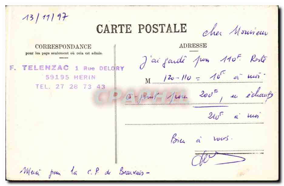 CPA Chamonix Plan Praz et la chaine des Aiguilles — Verso