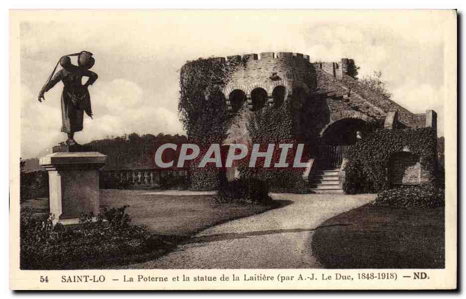 CPA Saint Lo La poterne et la statue de la laitiere 