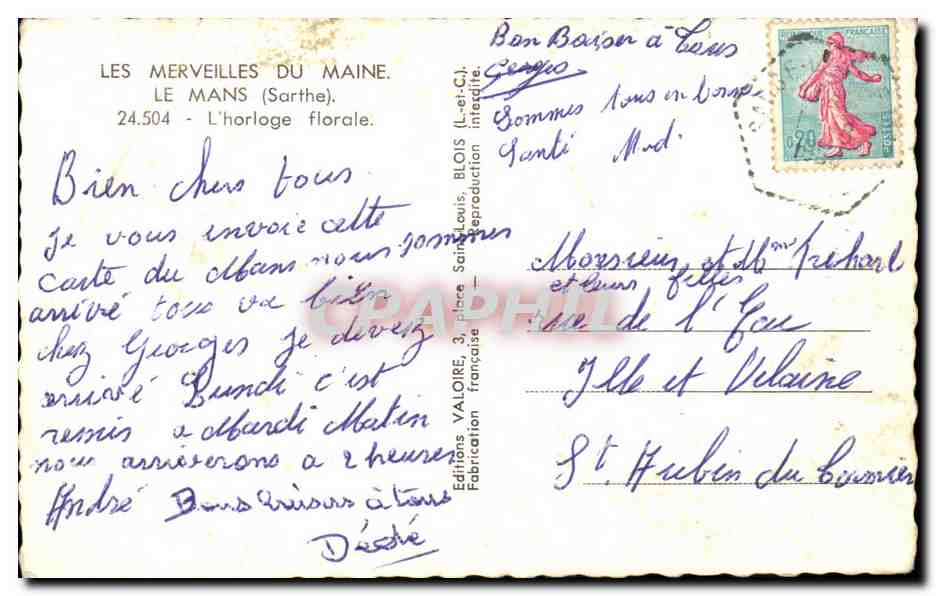 L'horloge florale — Le Mans (Sarthe) — Éditions Valoire, n° 24.504 — Verso