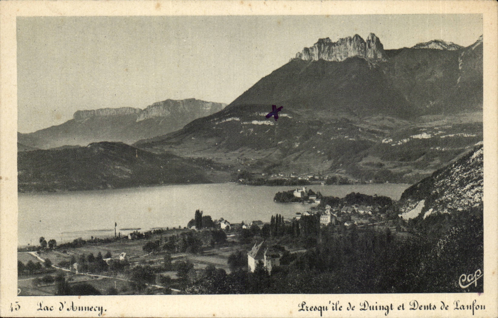 Lac d'Annecy — Presqu'île de Duingt et Dents de Lansfon — éditeur C.P. (n°45)