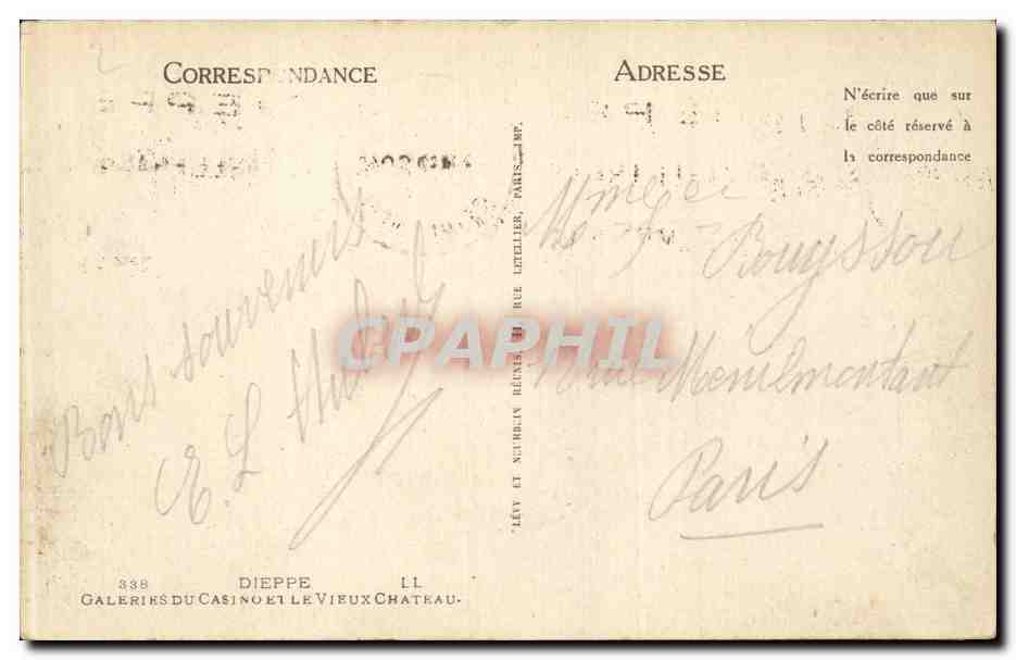 CPA Dieppe Galeries du casino et le vieux chateau — Rückseite
