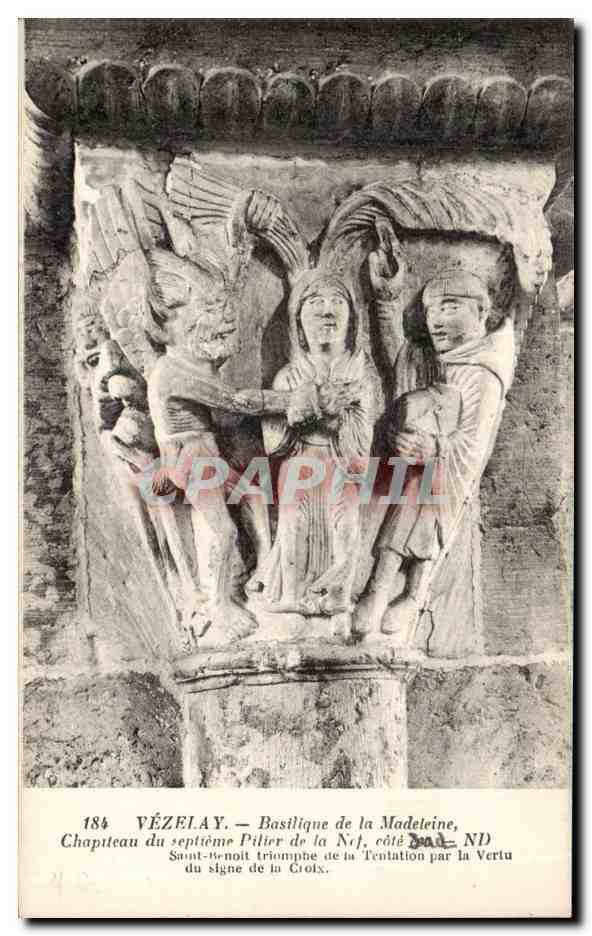 Vézelay — Basilique de la Madeleine, chapiteau du septième pilier, scène de la Tentation de saint Jean par la Vertu