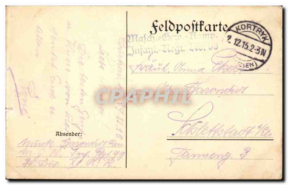 Schloß Hollebeke — ruines d'un château — Feldpostkarte — Achterkant