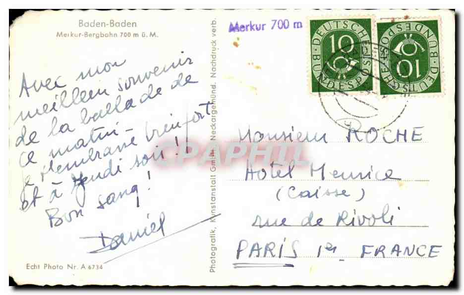 CPA Baden Baden Merkur Bergbahn 700m — Rückseite