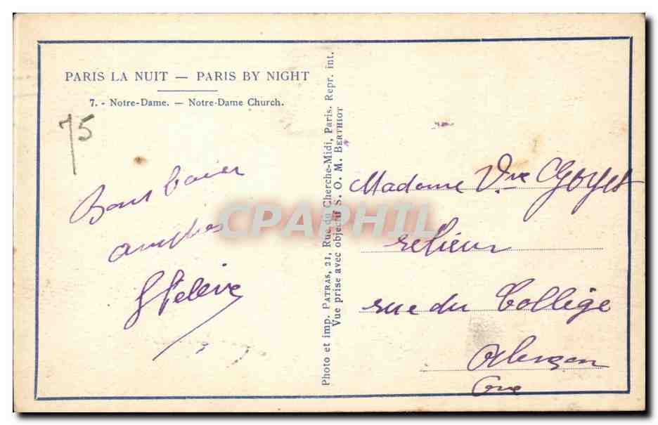 Paris CPA Notre Dame — Rückseite