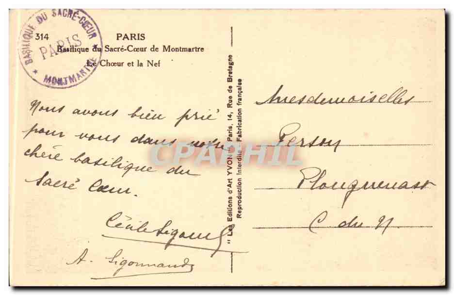 Paris CPA Basilique du Sacre Coeur de Montmartre Le choeur et la nef — Rückseite