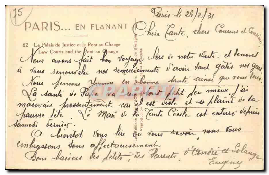 Paris — Le Palais de Justice et le Pont au Change — CPAPHIL — Verso