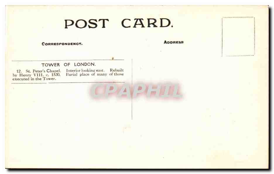 CPA Great Britain London Londres Tower of London St Peter's chapel  — Rückseite