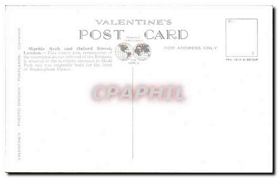 Marble Arch & Oxford Street, London — Valentine's Photo Brown, n° 209380 — Rückseite