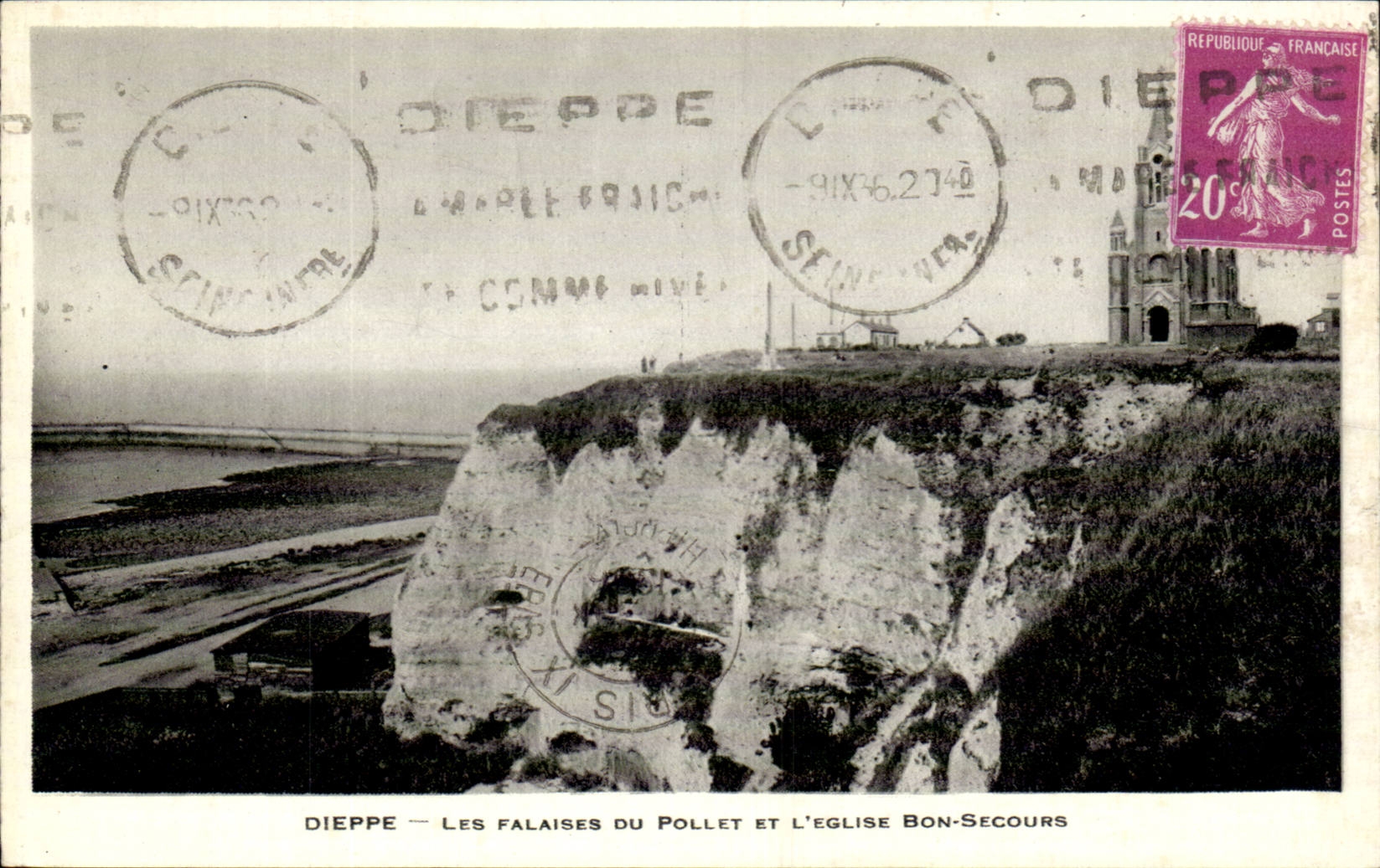 CPA Dieppe Les falaises du Pollet et l'eglise bon Secours
