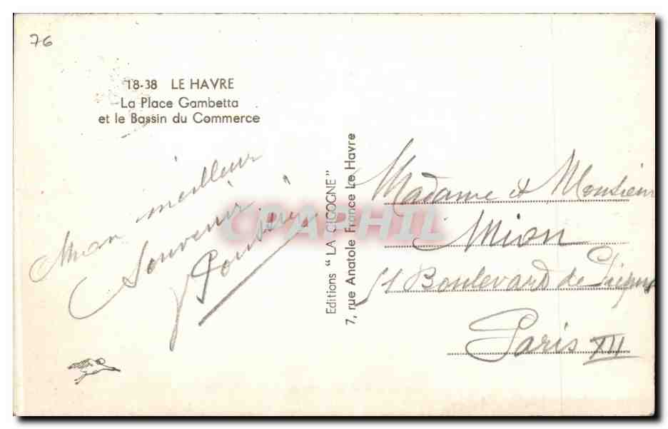 CPA Le Havre La place Gambetta et le bassin du commerce — Rückseite
