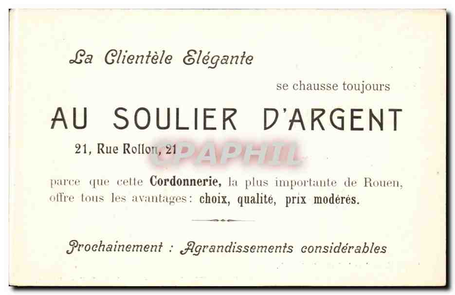 CPA Rouen Vers la statue de Corneille ( publicite Au soulier d'argent 21 rue Rollon ) — Verso