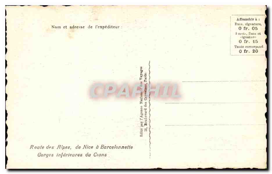 CPA Route des Alpes de Nice a Barcelonnette Gorges inferieures du Cians — Rückseite