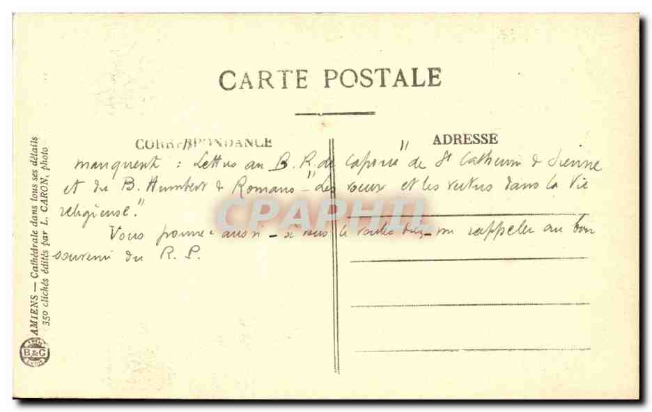 CPA Cathedrale d'Amiens Porche de la Vierge Mere — Verso