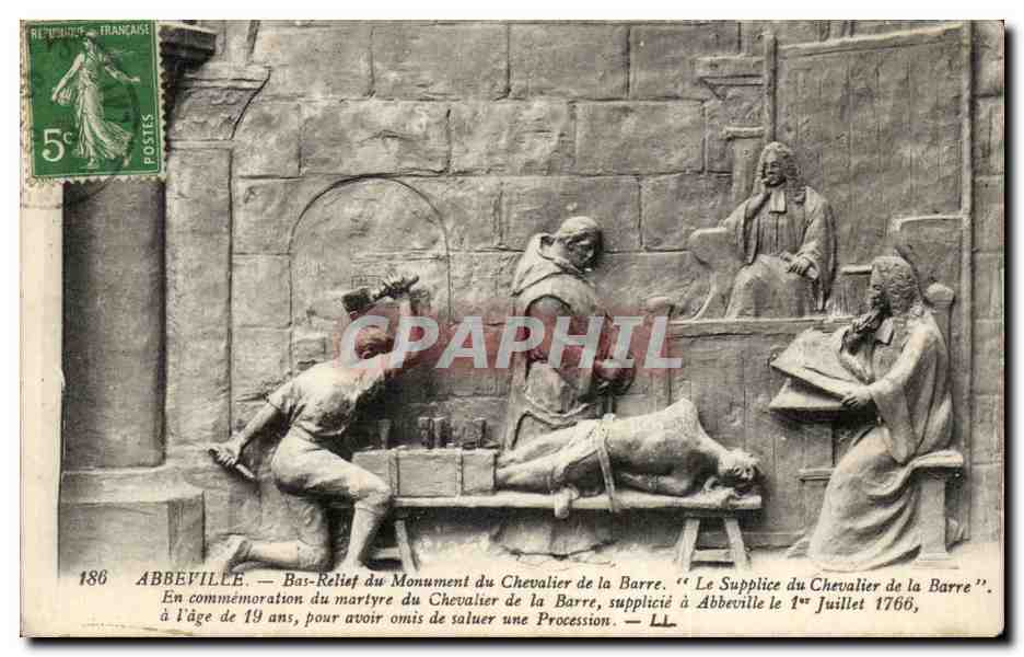CPA Abbeville Bas relief du monument du chevalier de la Barre Le supplice du chevalier de la barre