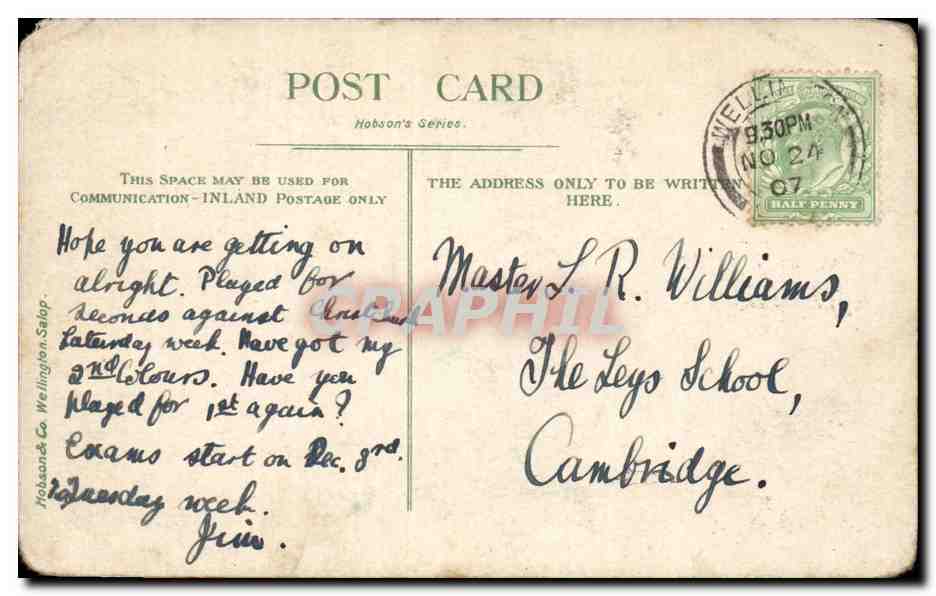 CPA Great Britain The college Wellington — Rückseite