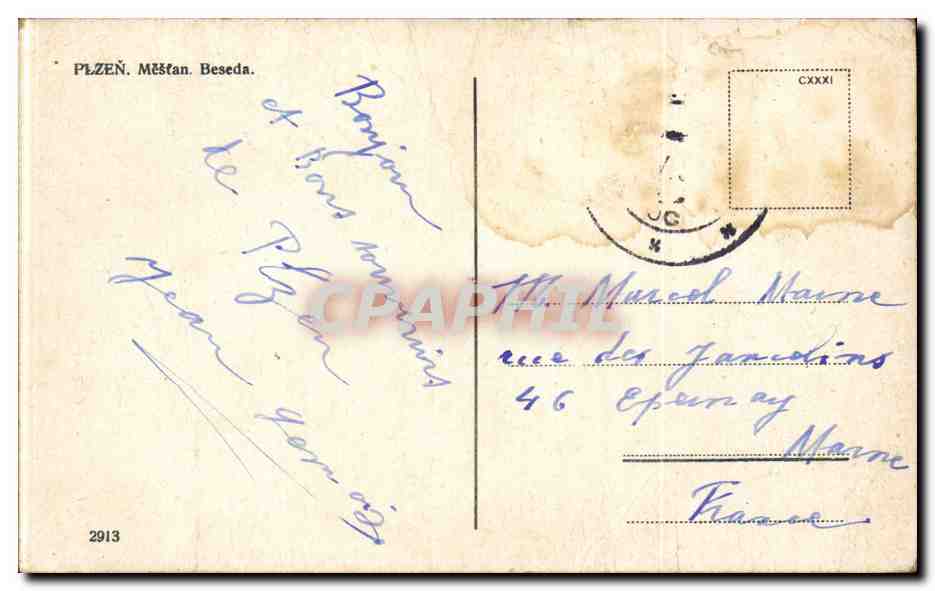 CPA Tchequia Plzen Mestan Beseda — Rückseite