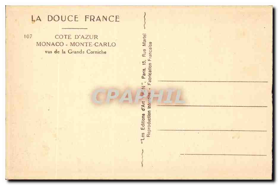 CPA Monte Carlo Monaco vus de la grande corniche — Verso