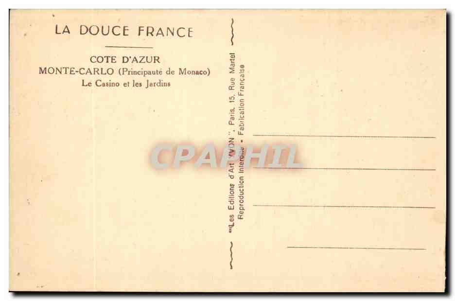 CPA Monte Carlo Monaco Le casino et les jardins — Rückseite