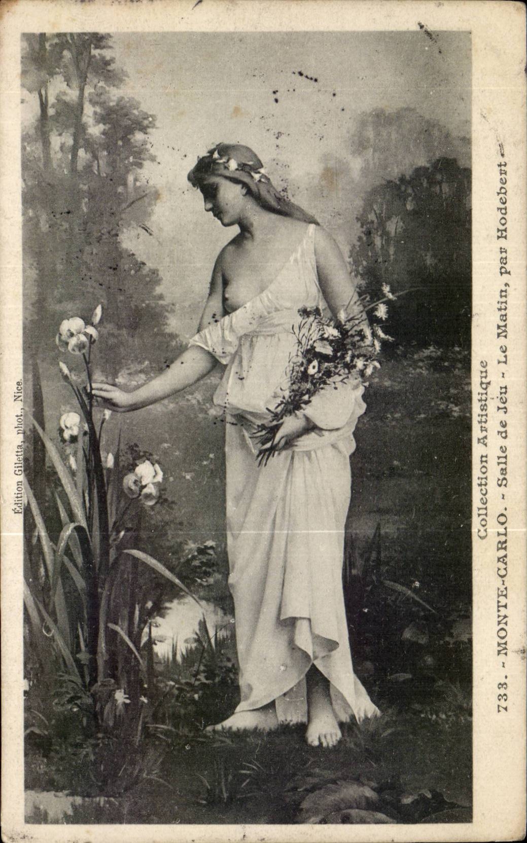 Femme en robe antique touchant des iris — Collection Artistique — Édition Giletta, phot. Nice, n°733