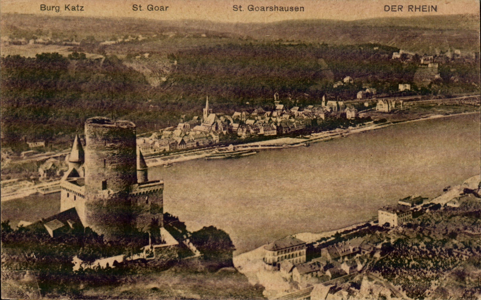 Burg Katz — vue panoramique du Rhin à St. Goar et St. Goarshausen — éditeur non identifié