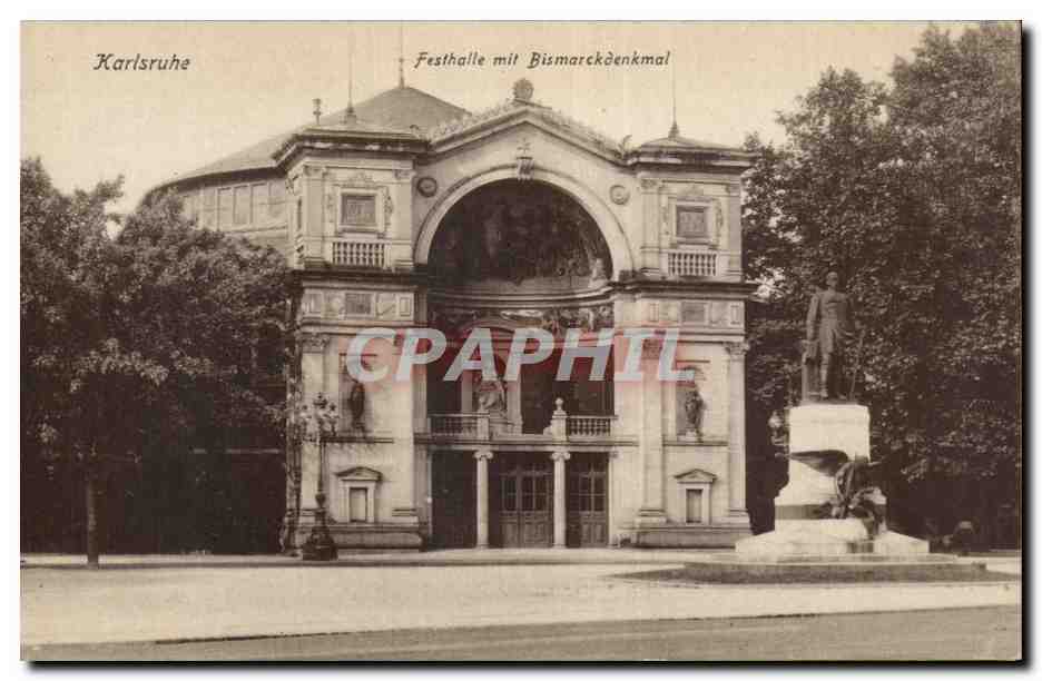 CPA Karlsruhe Festhalle mit Bismarckdenkmal