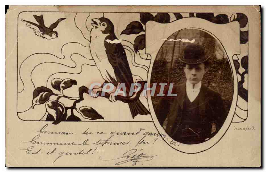 Animaux - Oiseaux - Bird - Sparrow - Serious man in top hat - homme - fantaisie- CPA 