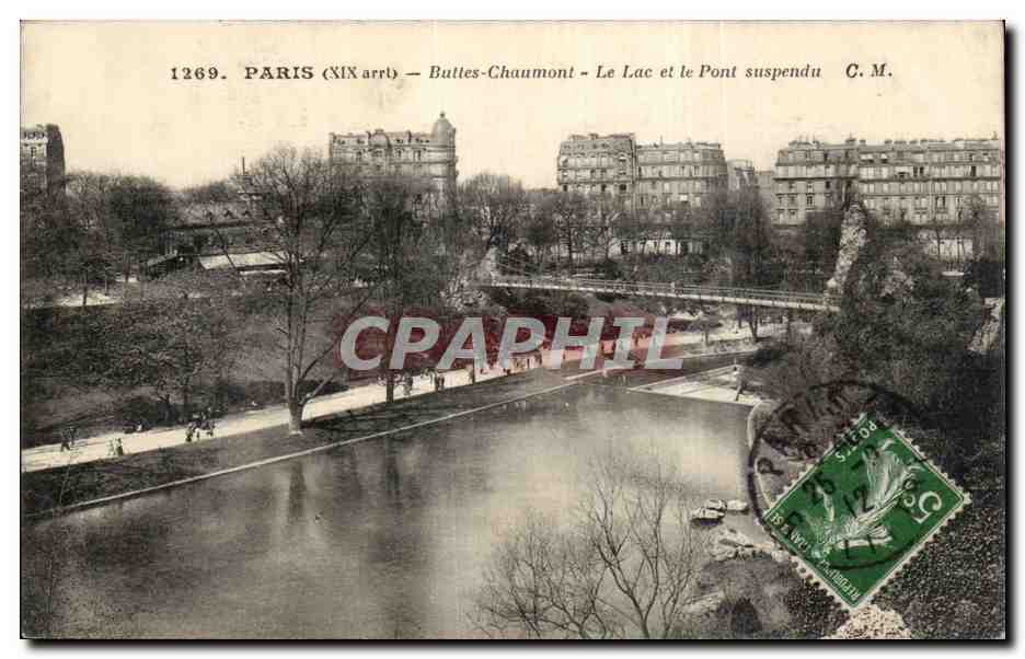 Paris - 19 - Buttes Chaumont - Le Lac et Pont Suspendu CPA 