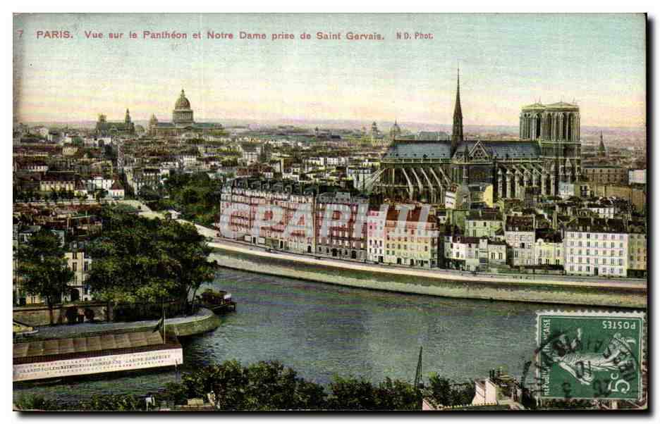 Paris - 5 - Vue sur le Pantheon et Notre Dame prise de Saint Gervais - CPA 