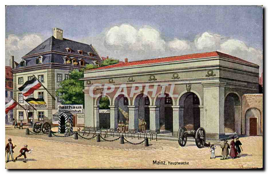 Mainz, Hauptwache — vue de la caserne principale avec canon et drapeaux — éditeur : Rheinischer Kunst- und Postkarten-Verlag, Mannheim