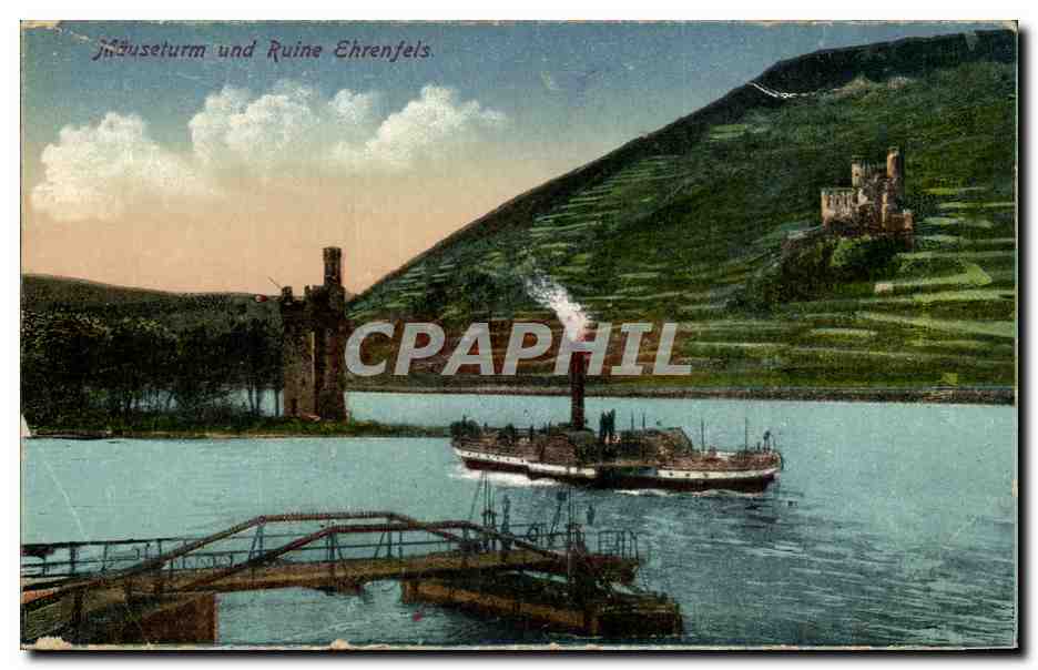 Jägerturm und Ruine Ehrenfels — vue du lac avec bateau à vapeur — éditeur non visible